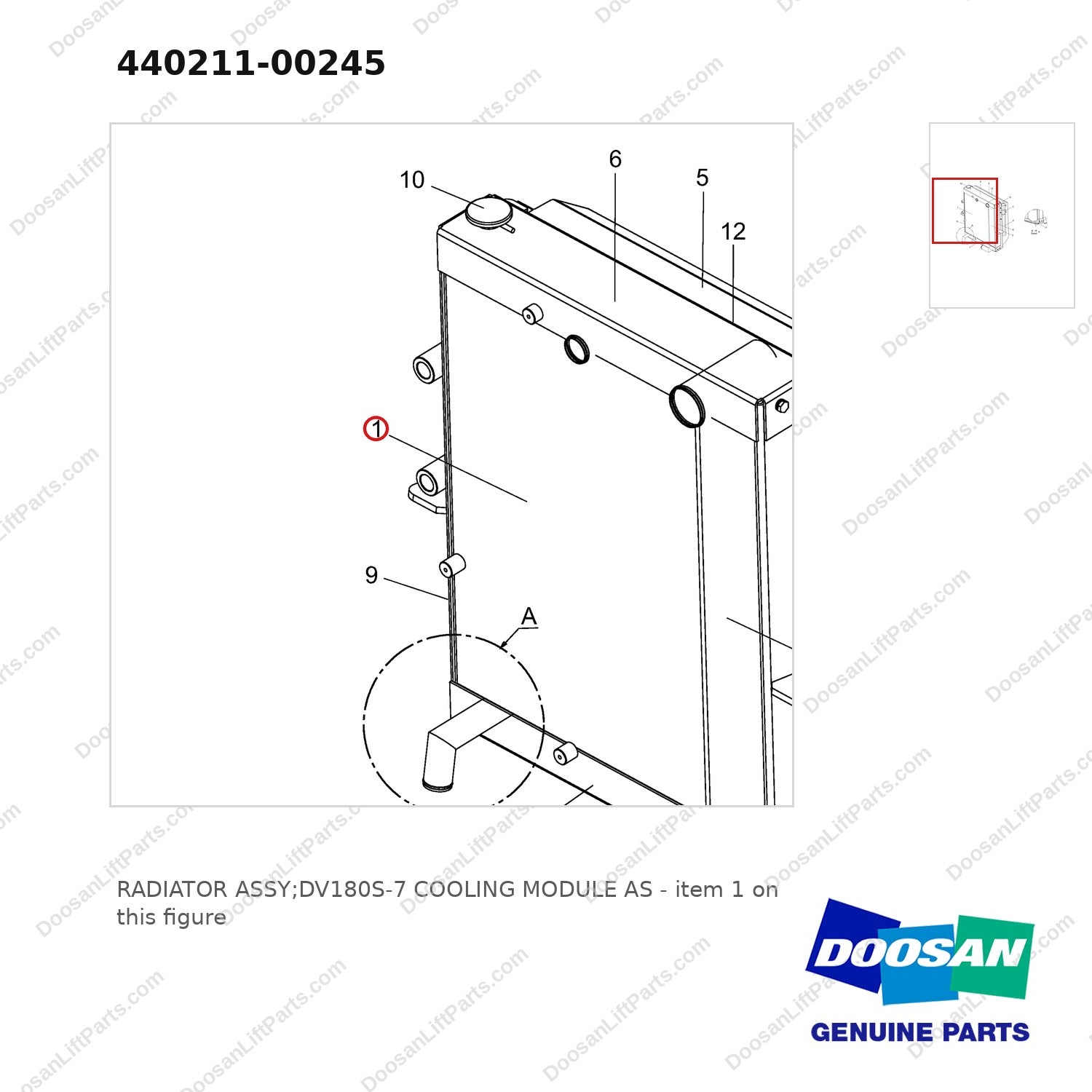 440211-00245 RADIATOR ASSY;DV180S-7 COOLING MODULE AS - parts diagram, item 1 shown - genuine Doosan / Bobcat forklift part