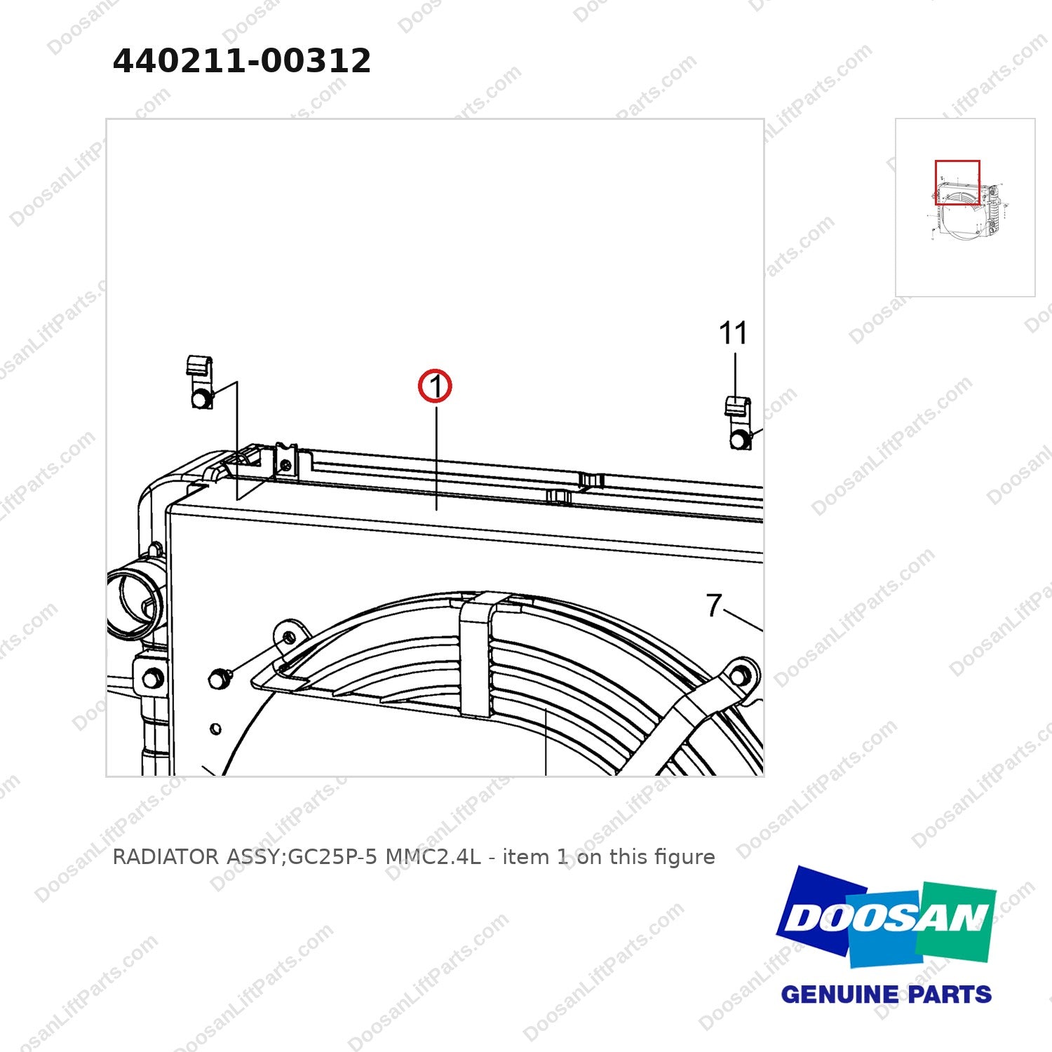 440211-00312 RADIATOR ASSY;GC25P-5 MMC2.4L - parts diagram, item 1 shown - genuine Doosan / Bobcat forklift part
