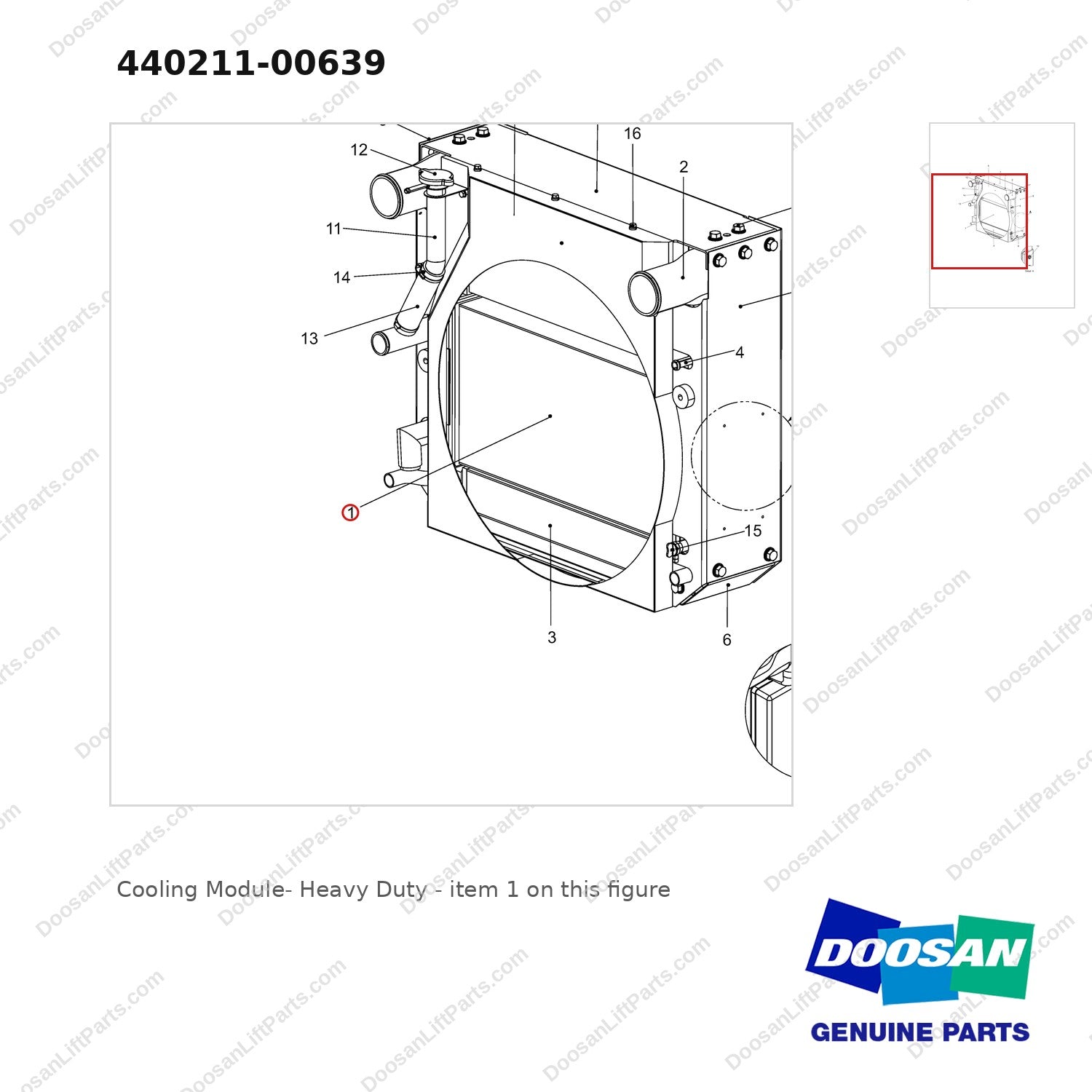 440211-00639 Cooling Module- Heavy Duty - parts diagram, item 1 shown - genuine Doosan / Bobcat forklift part