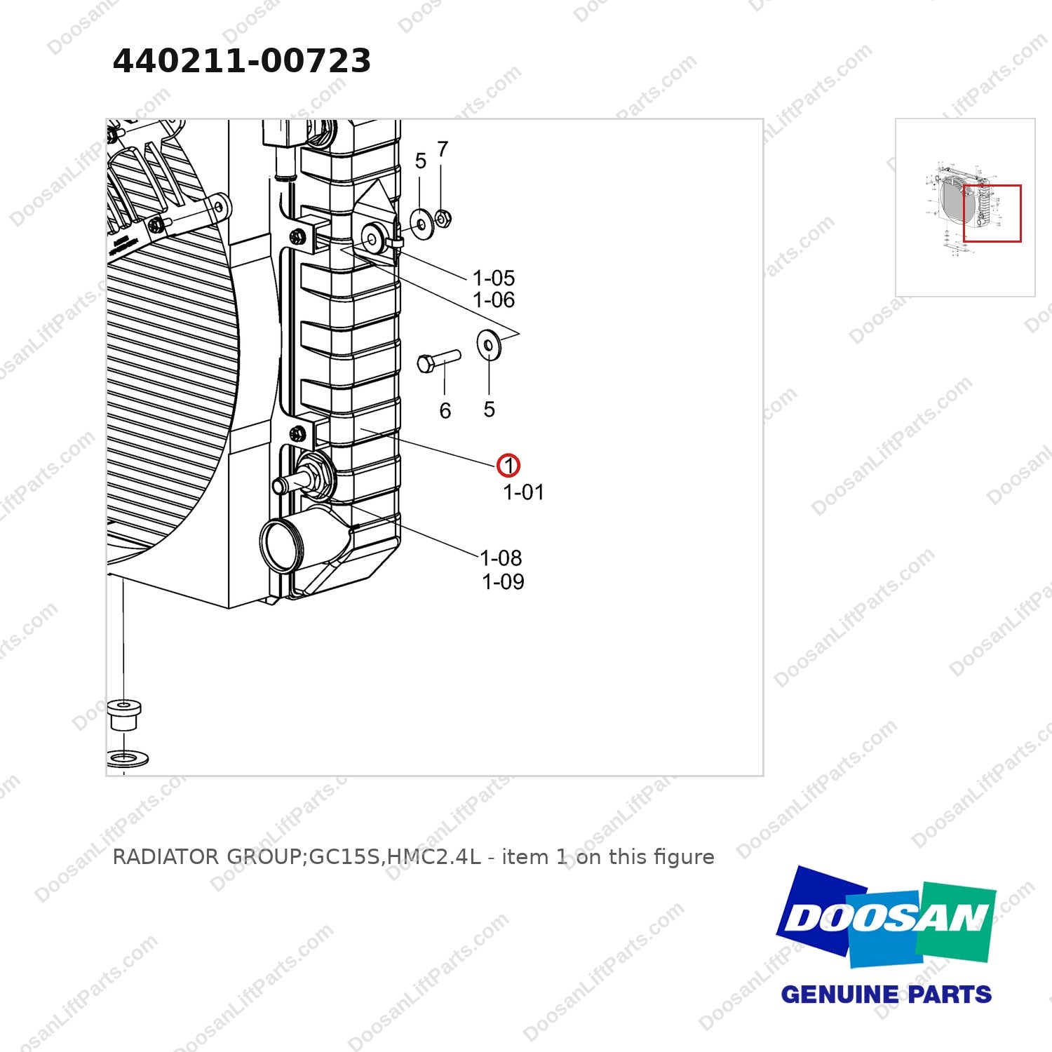 440211-00723 RADIATOR GROUP;GC15S,HMC2.4L - parts diagram, item 1 shown - genuine Doosan / Bobcat forklift part