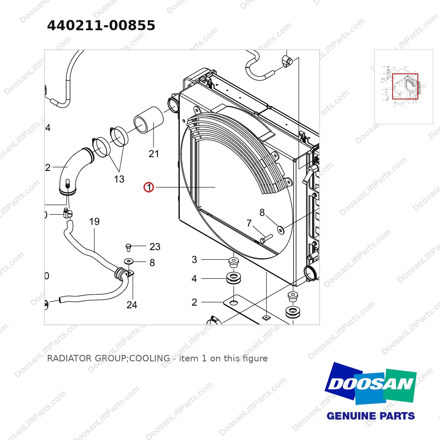 440211-00855 RADIATOR GROUP;COOLING - parts diagram, item 1 shown - genuine Doosan / Bobcat forklift part