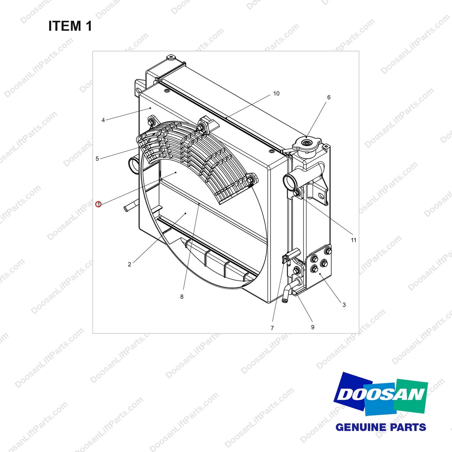 440211-01076 RADIATOR ASSY;G25E-5_GCT K2.5L - full parts diagram, item 1 marked - genuine Doosan / Bobcat forklift part
