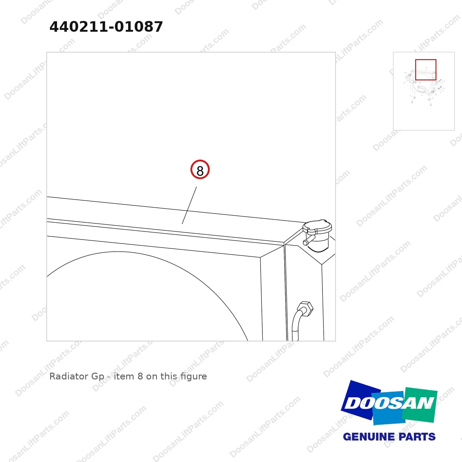 440211-01087 Radiator Gp - parts diagram, item 8 shown - genuine Doosan / Bobcat forklift part