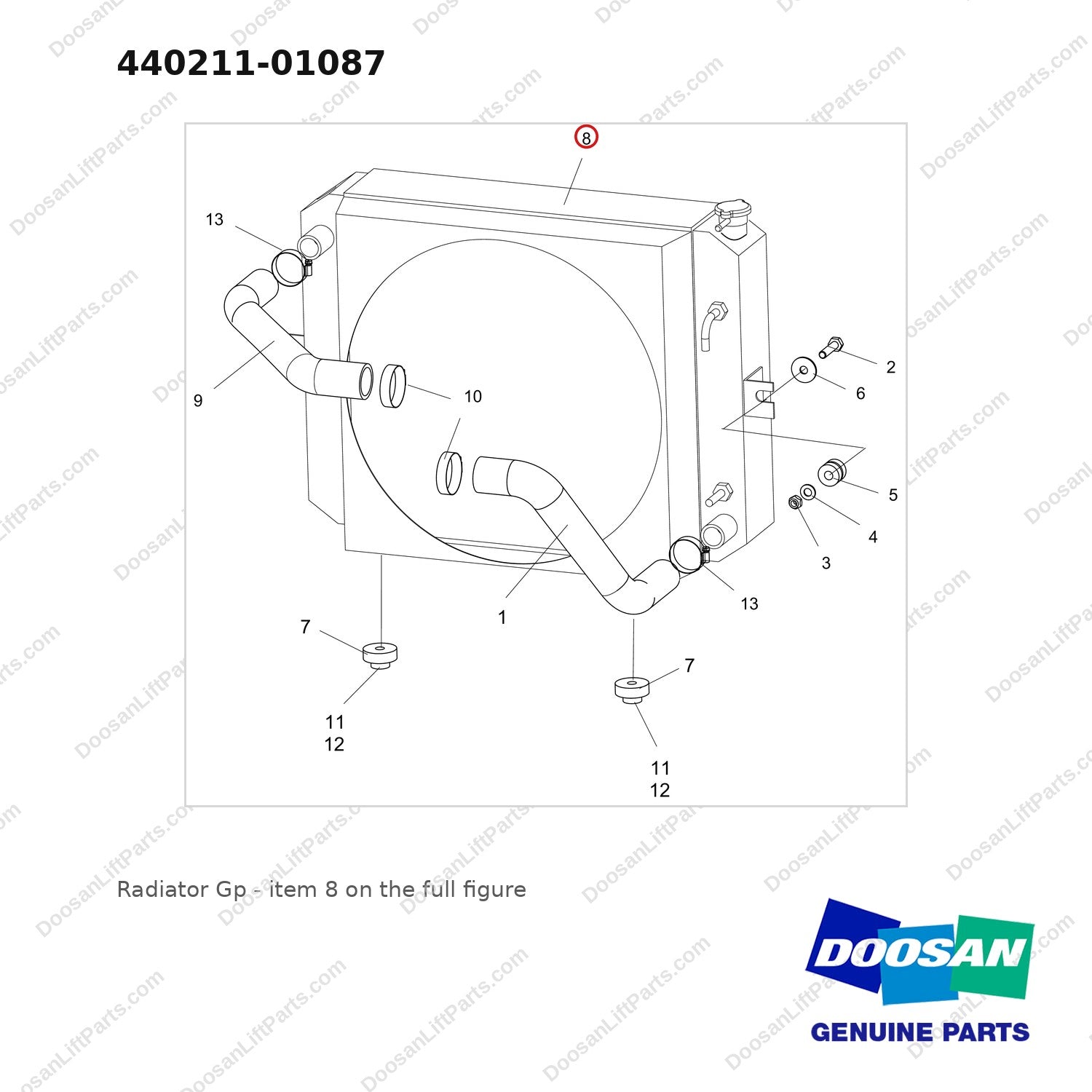 440211-01087 Radiator Gp - full parts diagram, item 8 marked - genuine Doosan / Bobcat forklift part
