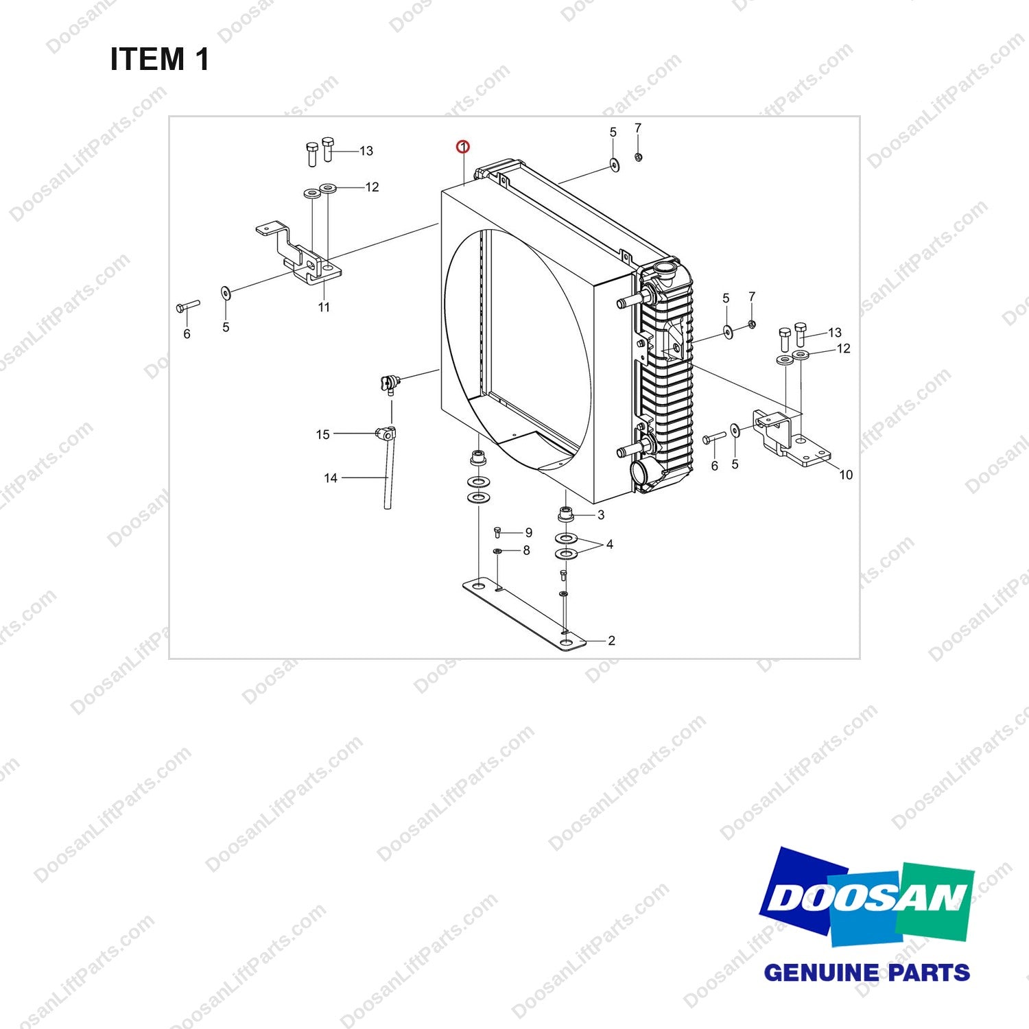 440211-01121 RADIATOR GROUP - full parts diagram, item 1 marked - genuine Doosan / Bobcat forklift part