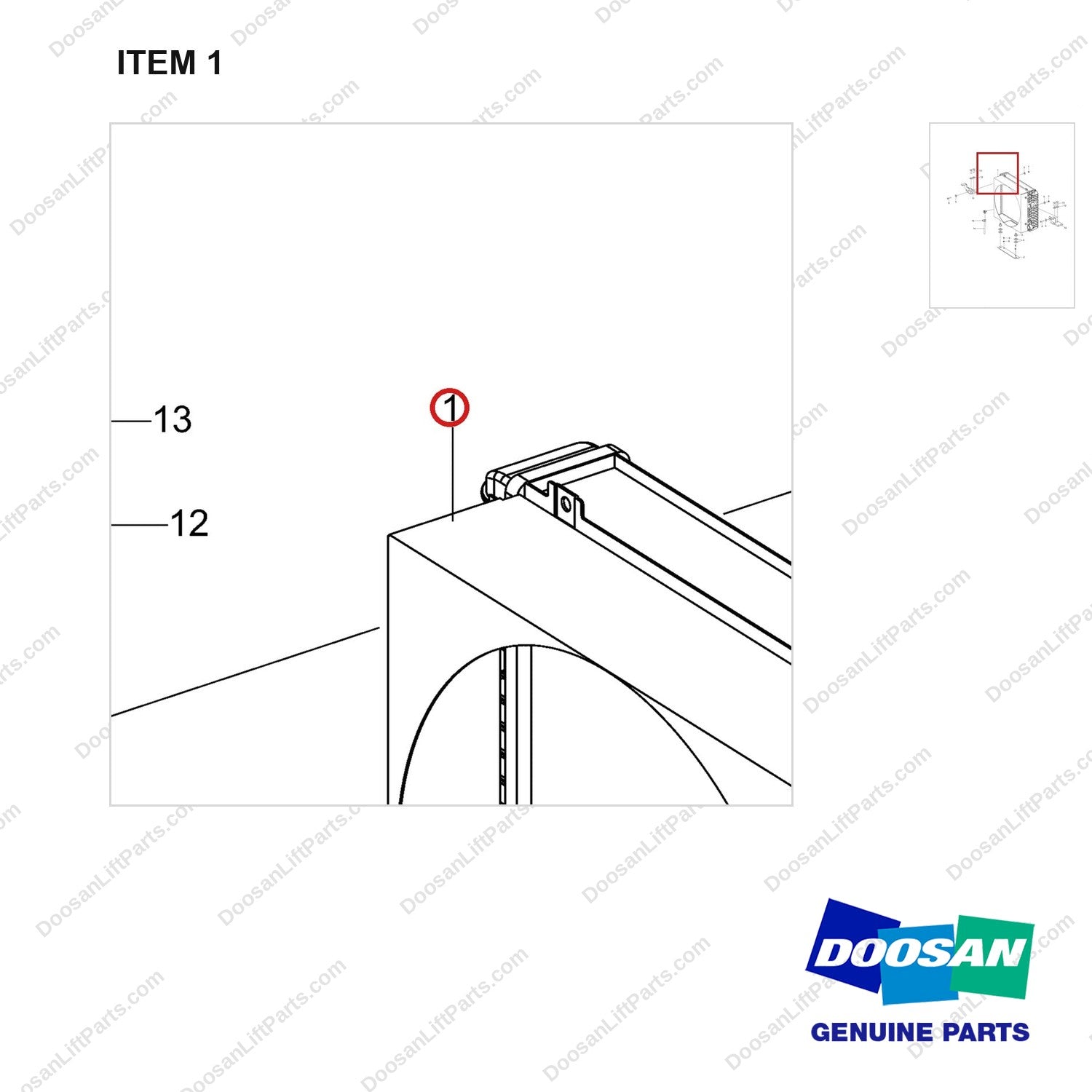 440211-01121 RADIATOR GROUP - parts diagram, item 1 shown - genuine Doosan / Bobcat forklift part