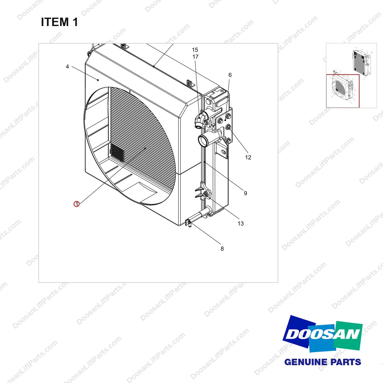 440211-01292 RADIATOR ASSY;GC25 - parts diagram, item 1 shown - genuine Doosan / Bobcat forklift part