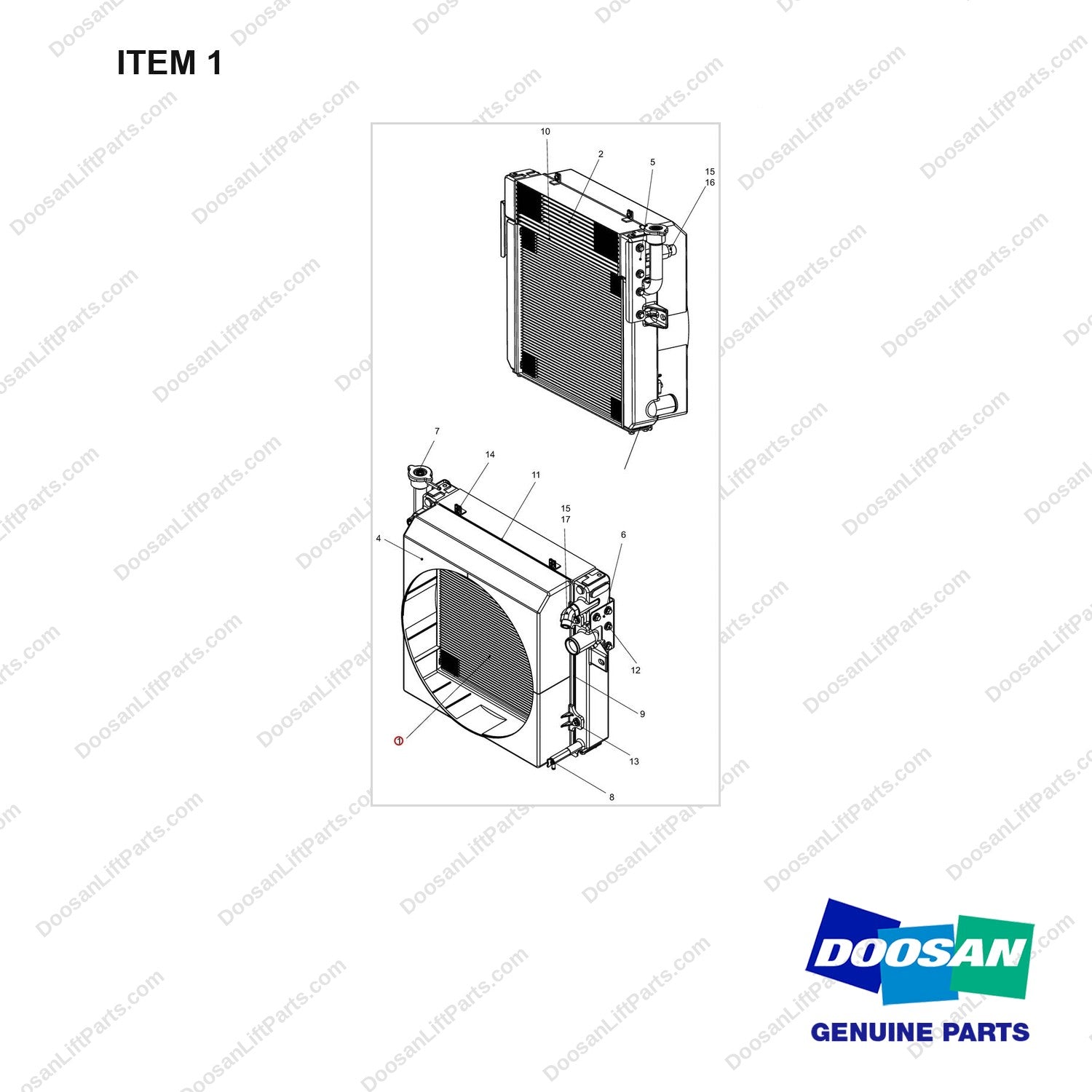 440211-01293 RADIATOR ASSY;OPEN CORE - full parts diagram, item 1 marked - genuine Doosan / Bobcat forklift part