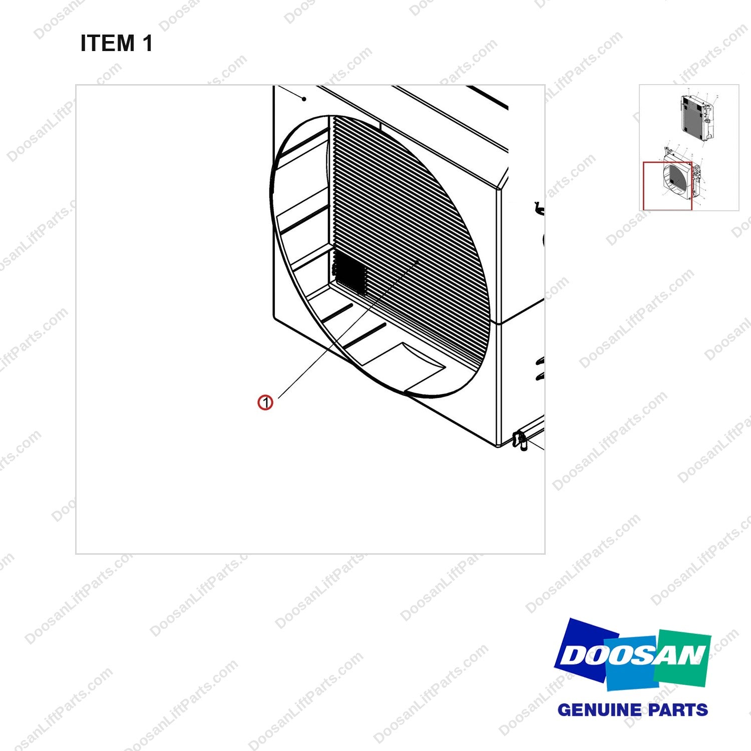 440211-01293 RADIATOR ASSY;OPEN CORE - parts diagram, item 1 shown - genuine Doosan / Bobcat forklift part