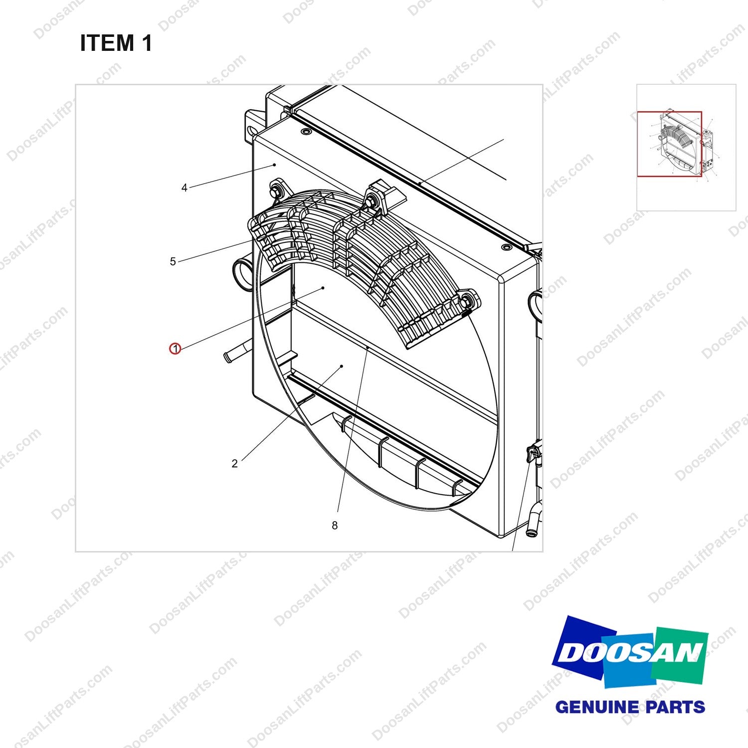 440211-01341 RADIATOR ASSY;OPEN CORE OPTION - parts diagram, item 1 shown - genuine Doosan / Bobcat forklift part