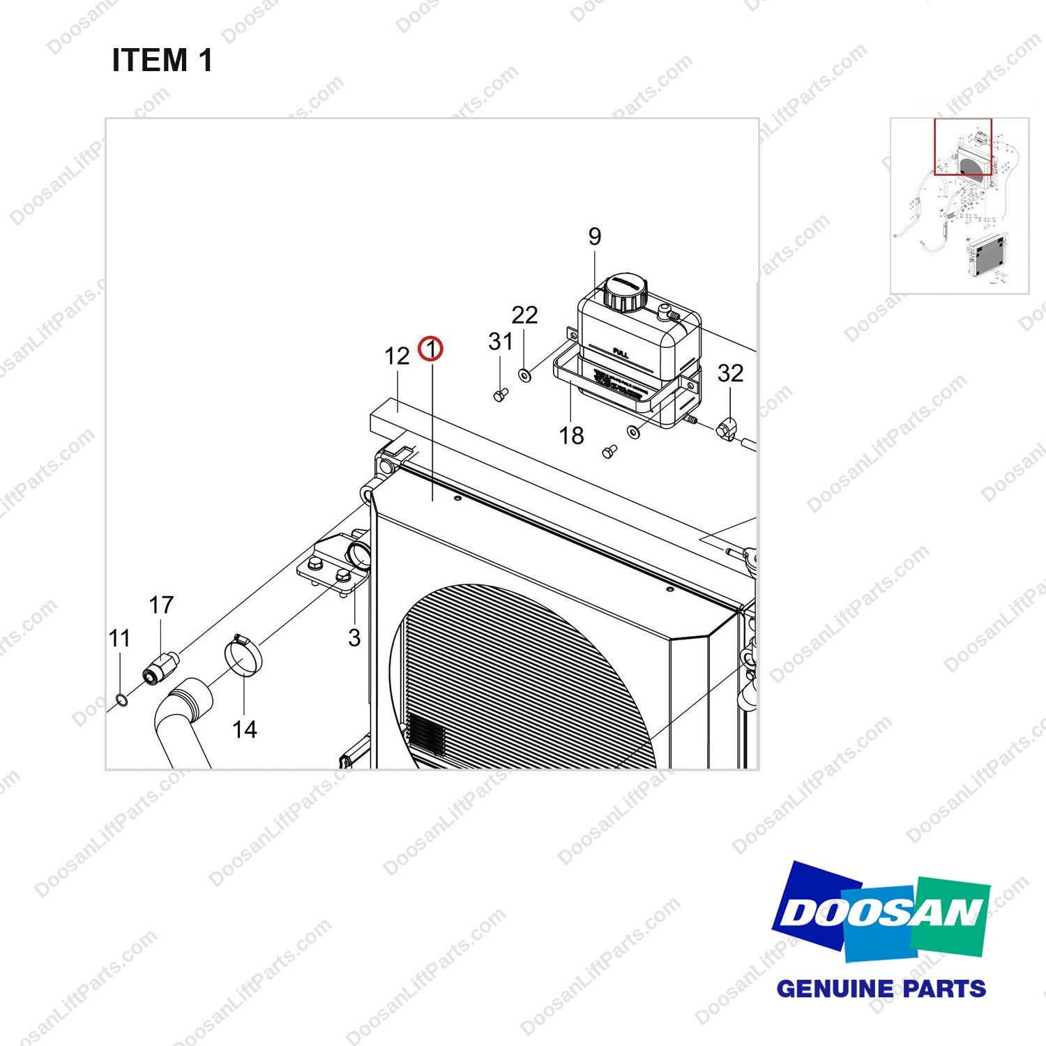 440211-01364 RADIATOR GROUP;GC45S-9,PSI4.3L - parts diagram, item 1 shown - genuine Doosan / Bobcat forklift part