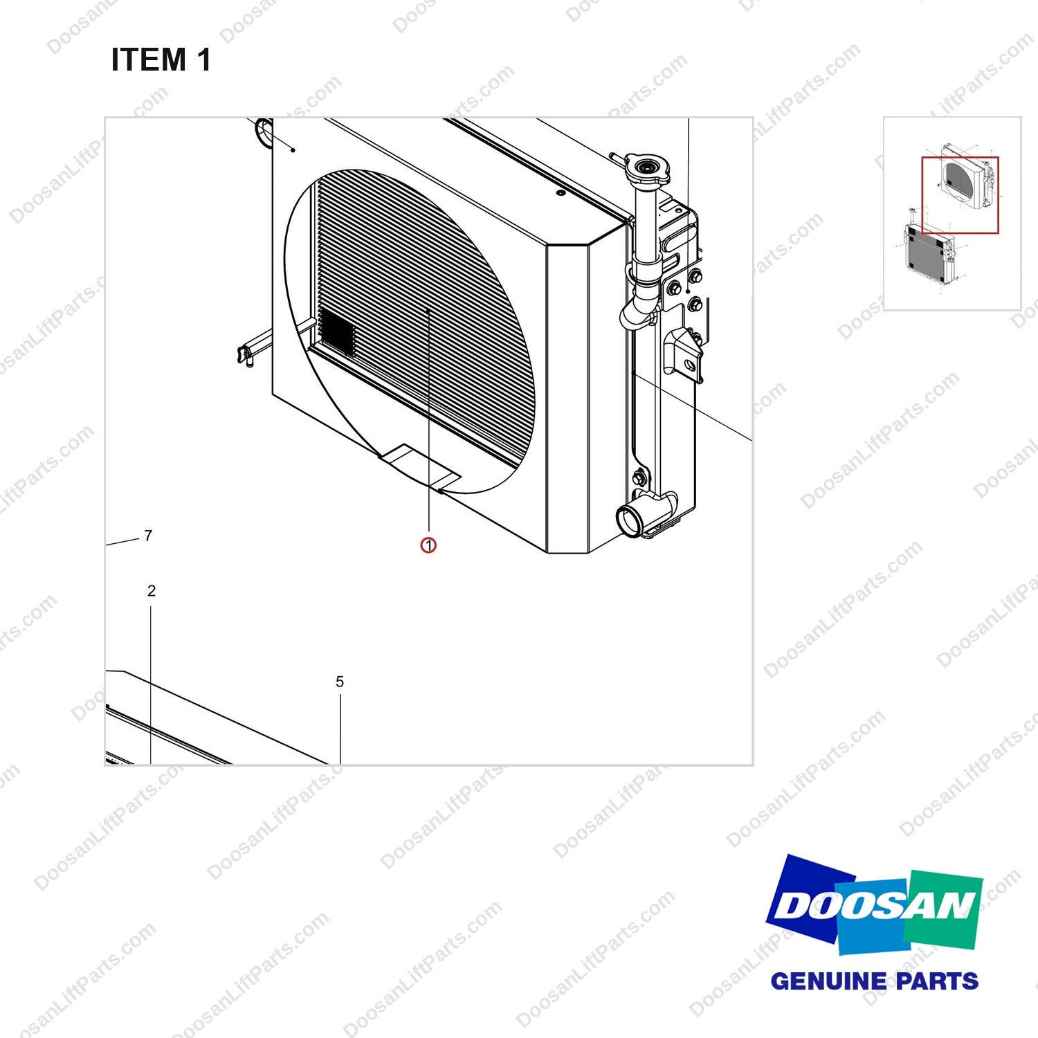 440211-01425 RADIATOR ASSY;HEAVY DUTY_GC40S-9 - parts diagram, item 1 shown - genuine Doosan / Bobcat forklift part