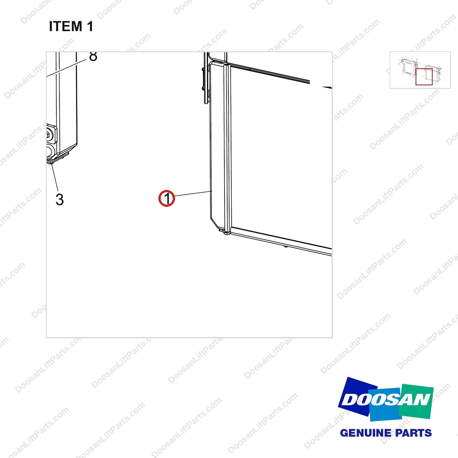 440211-01689 RADIATOR ASSY;GC15S-9 - parts diagram, item 1 shown - genuine Doosan / Bobcat forklift part