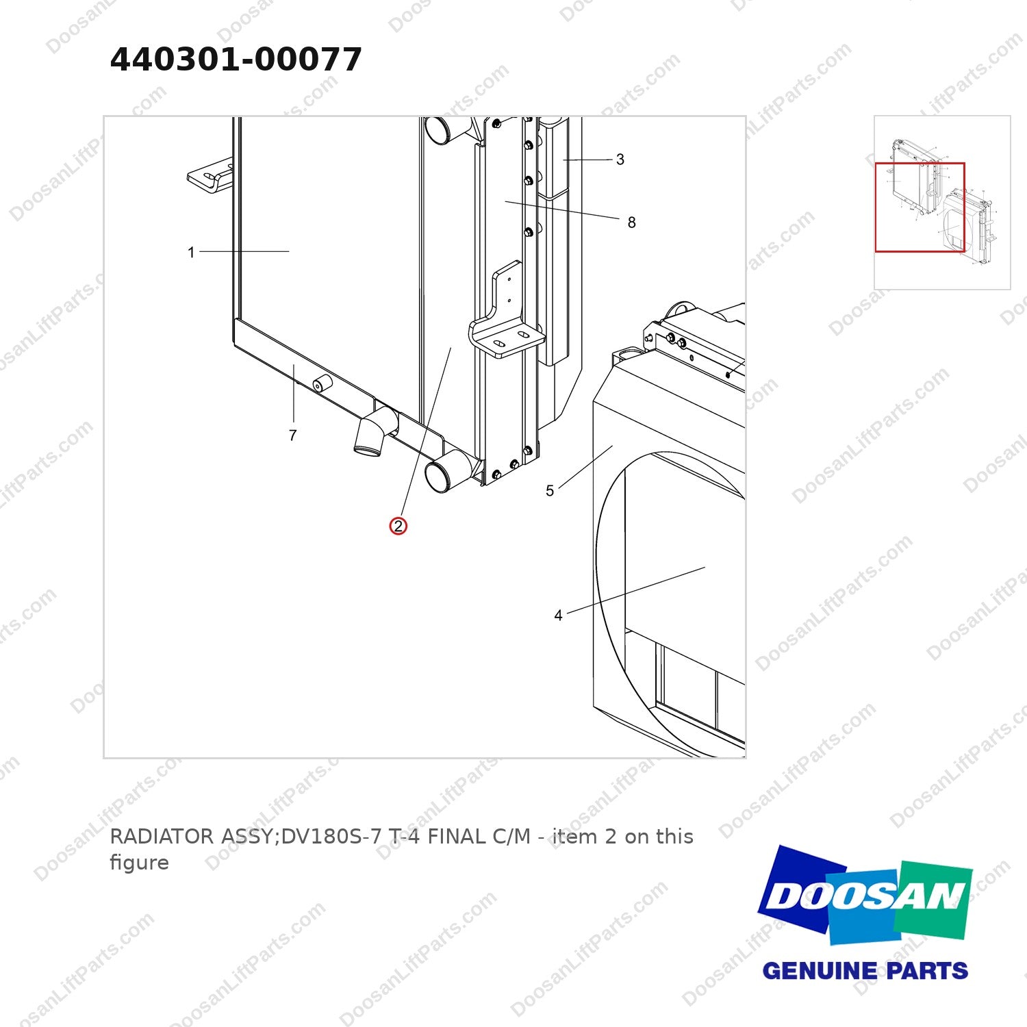 440301-00077 RADIATOR ASSY;DV180S-7 T-4 FINAL C/M - parts diagram, item 2 shown - genuine Doosan / Bobcat forklift part