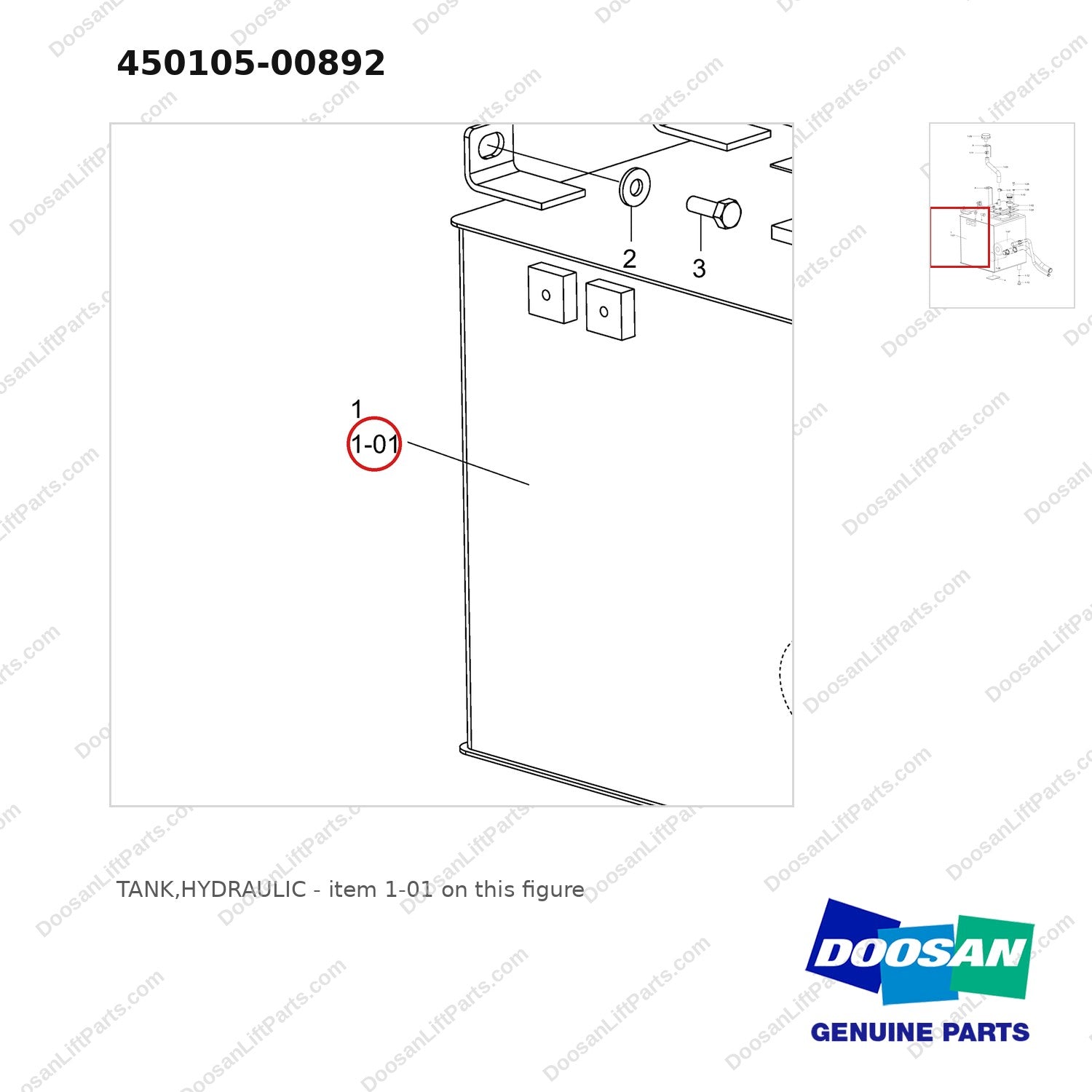 450105-00892 TANK,HYDRAULIC - parts diagram, item 1-01 shown - genuine Doosan / Bobcat forklift part