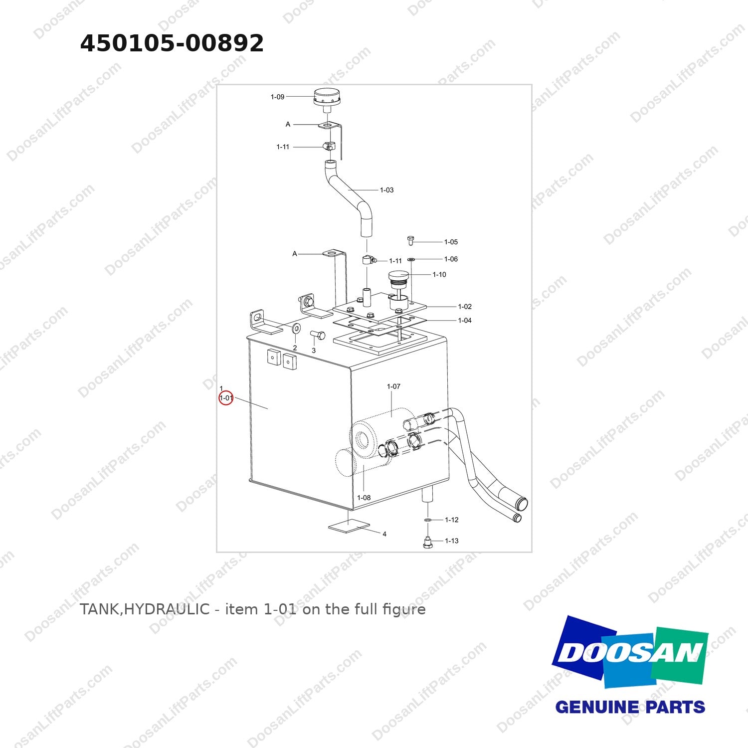 450105-00892 TANK,HYDRAULIC - full parts diagram, item 1-01 marked - genuine Doosan / Bobcat forklift part