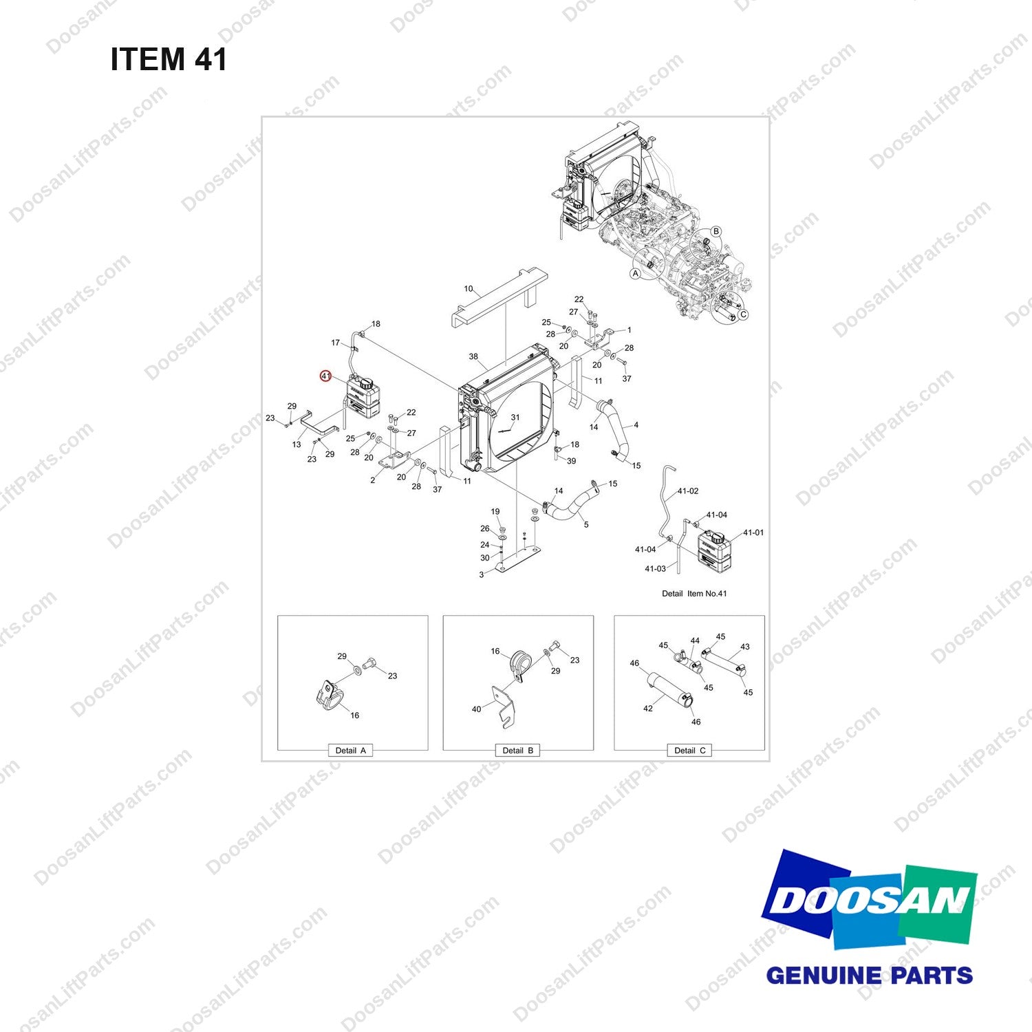 450107-00123 COOLING LINES GROUP;GC15S,OPEN CORE - full parts diagram, item 41 marked - genuine Doosan / Bobcat forklift part