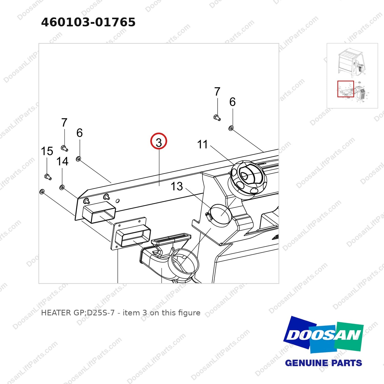 460103-01765 HEATER GP;D25S-7 - parts diagram, item 3 shown - genuine Doosan / Bobcat forklift part