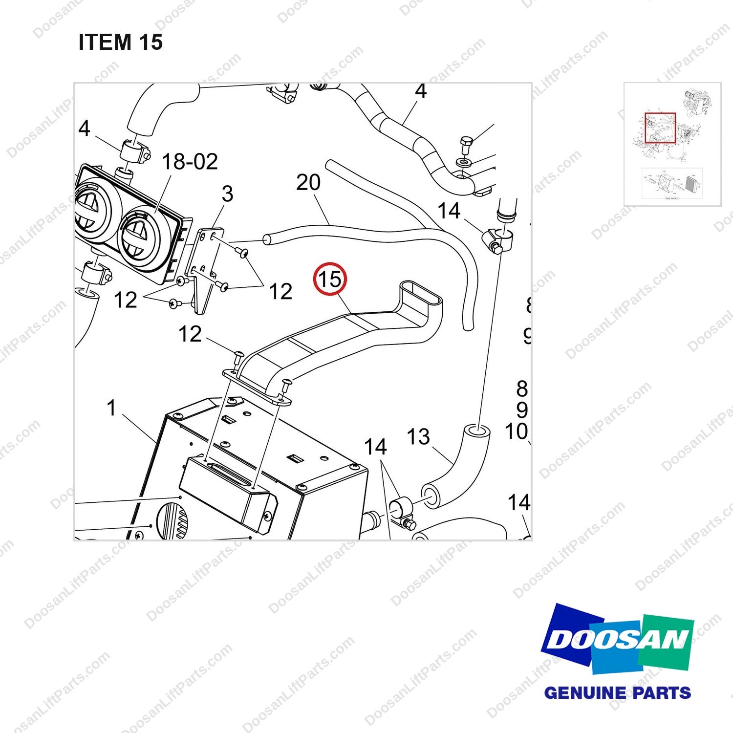 460103-01963 HEATER ASSY,CABIN - parts diagram, item 15 shown - genuine Doosan / Bobcat forklift part