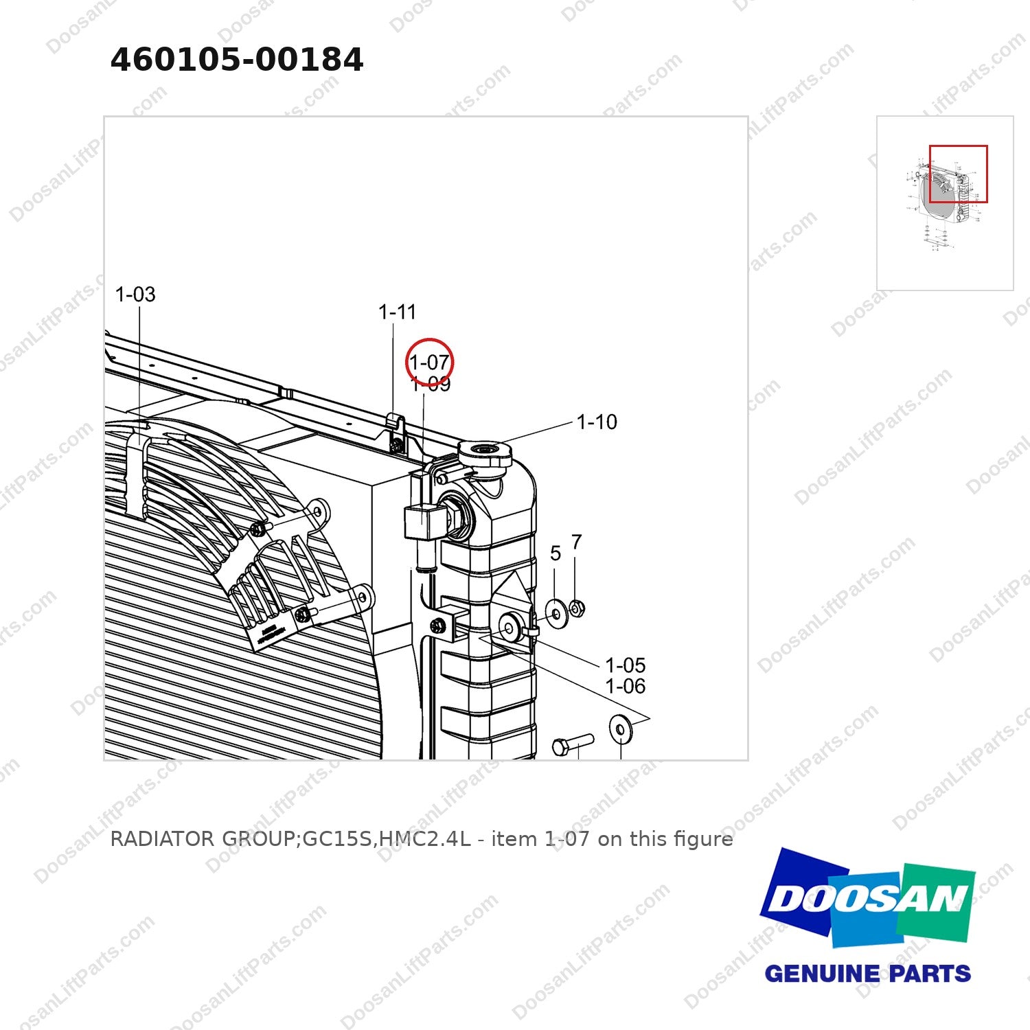 460105-00184 RADIATOR GROUP;GC15S,HMC2.4L - parts diagram, item 1-07 shown - genuine Doosan / Bobcat forklift part