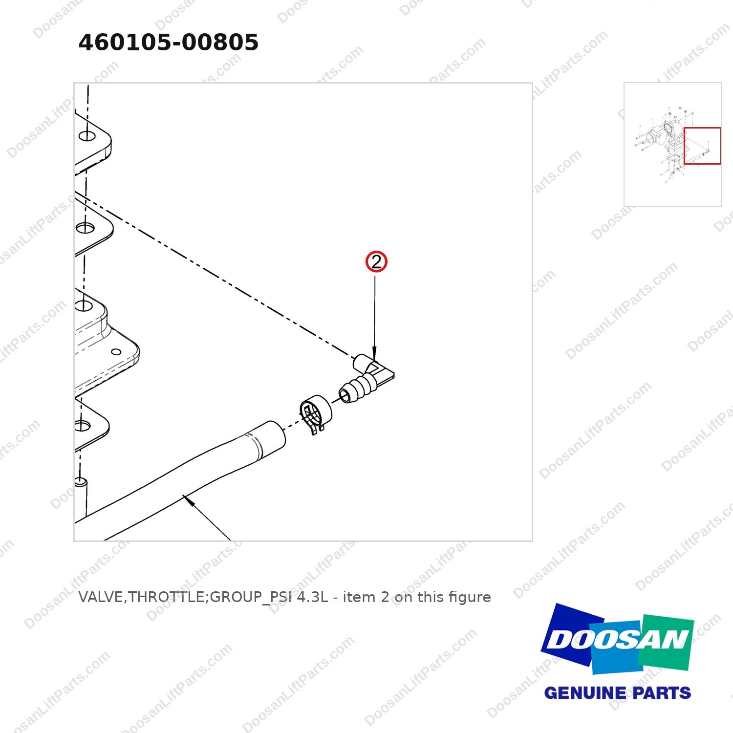 460105-00805 VALVE,THROTTLE;GROUP_PSI 4.3L - parts diagram, item 2 shown - genuine Doosan / Bobcat forklift part