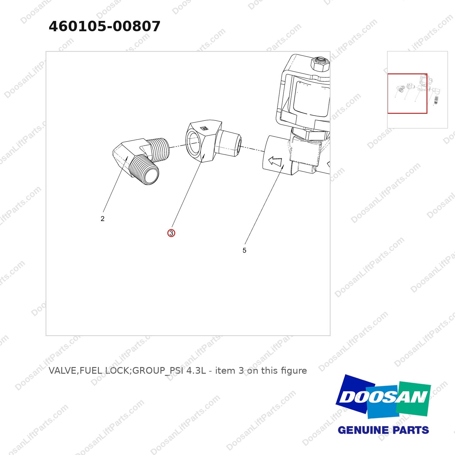 460105-00807 VALVE,FUEL LOCK;GROUP_PSI 4.3L - parts diagram, item 3 shown - genuine Doosan / Bobcat forklift part