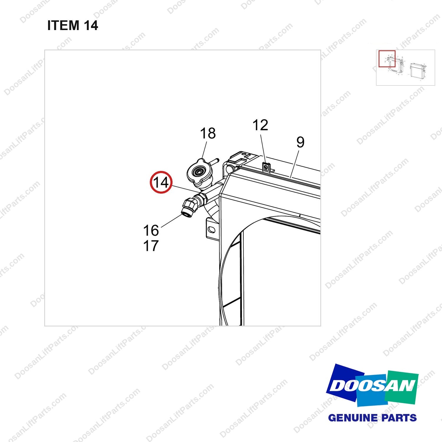 460105-01487 RADIATOR ASSY;GC15S-9,OPEN CORE - parts diagram, item 14 shown - genuine Doosan / Bobcat forklift part