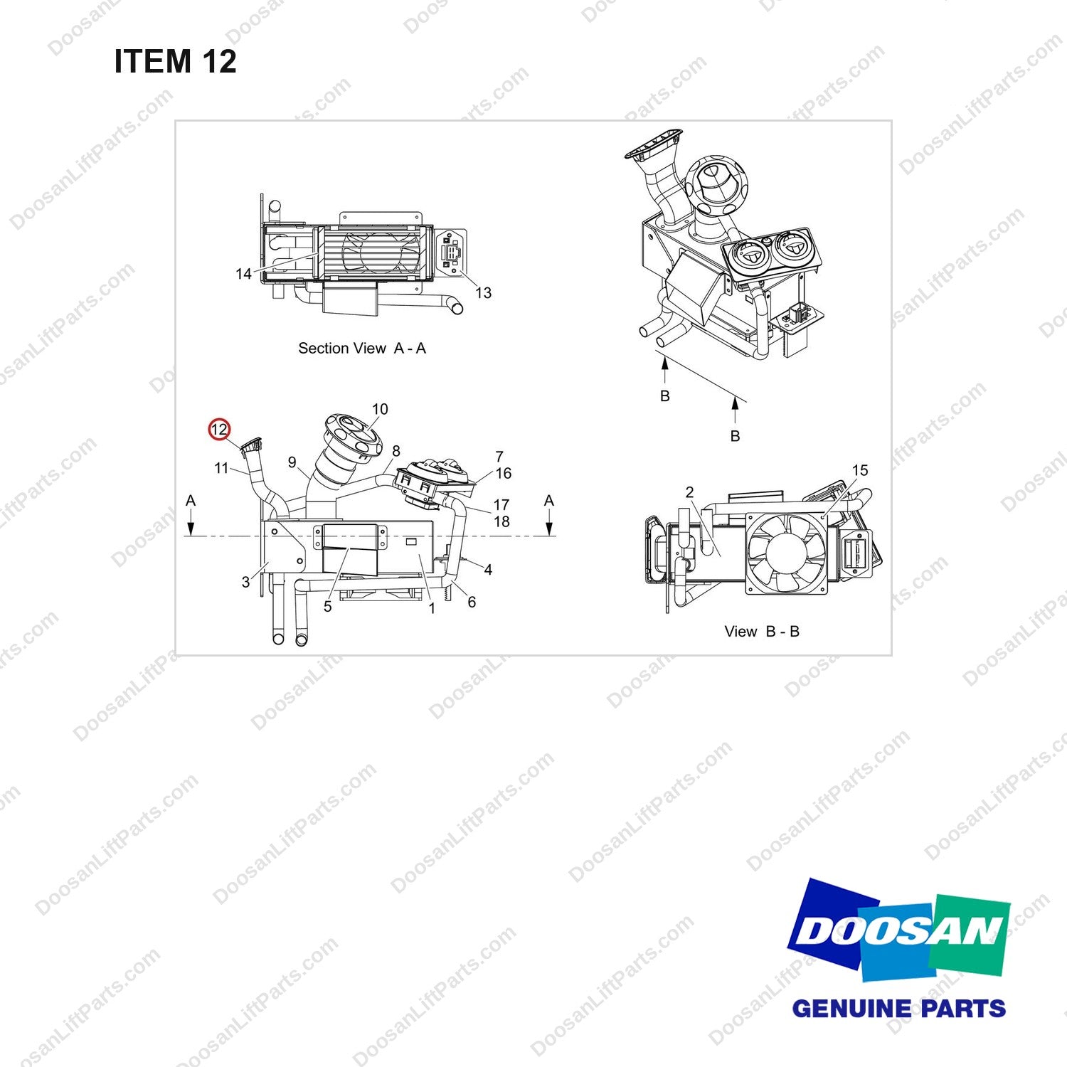 460108-00018 HEATER ASSY - full parts diagram, item 12 marked - genuine Doosan / Bobcat forklift part