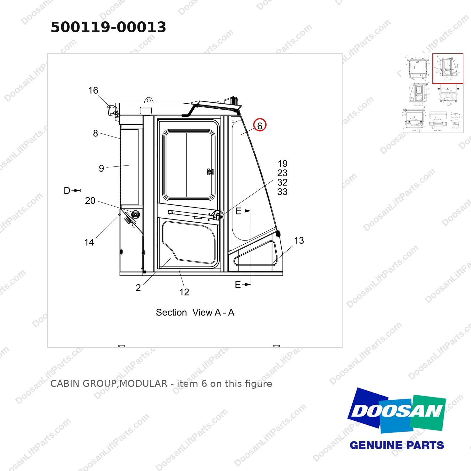 500119-00013 CABIN GROUP,MODULAR - parts diagram, item 6 shown - genuine Doosan / Bobcat forklift part