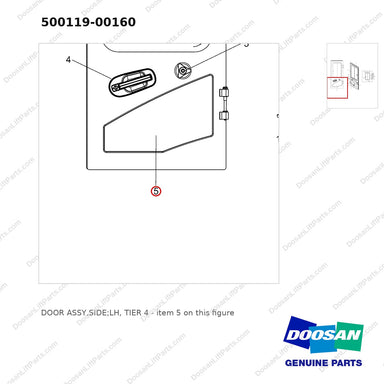500119-00160 DOOR ASSY,SIDE;LH, TIER 4 - parts diagram, item 5 shown - genuine Doosan / Bobcat forklift part