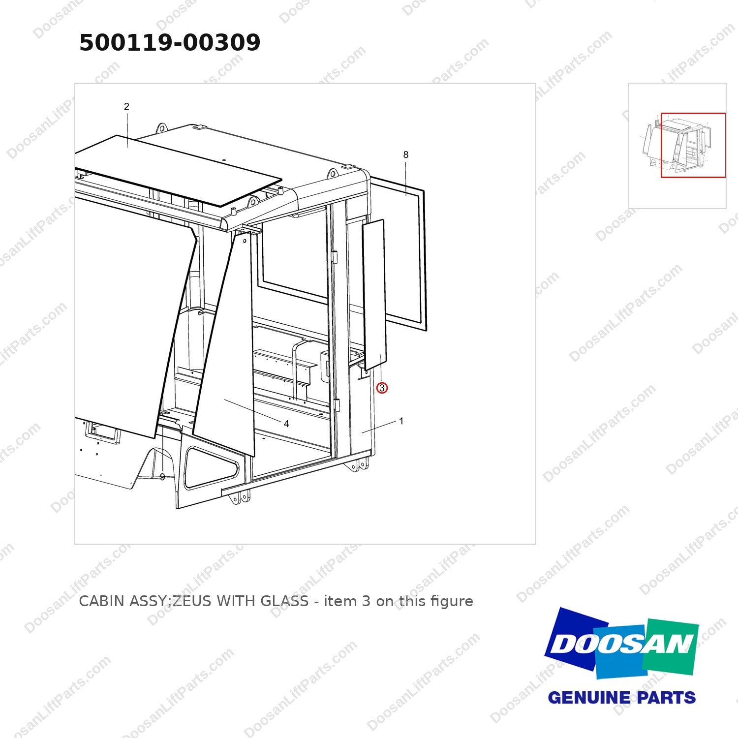 500119-00309 CABIN ASSY;ZEUS WITH GLASS - parts diagram, item 3 shown - genuine Doosan / Bobcat forklift part