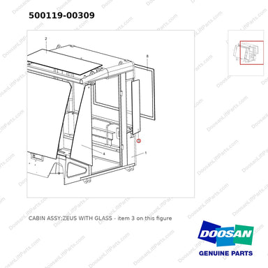 500119-00309 CABIN ASSY;ZEUS WITH GLASS - parts diagram, item 3 shown - genuine Doosan / Bobcat forklift part