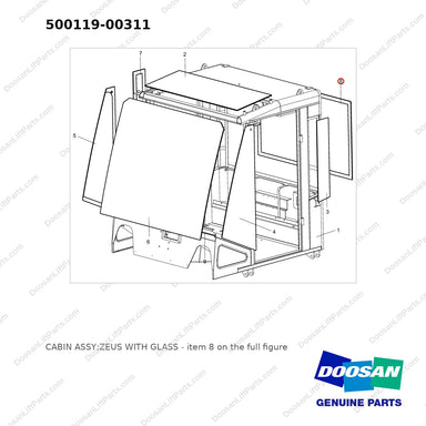 500119-00311 CABIN ASSY;ZEUS WITH GLASS - full parts diagram, item 8 marked - genuine Doosan / Bobcat forklift part