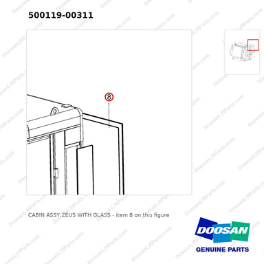 500119-00311 CABIN ASSY;ZEUS WITH GLASS - parts diagram, item 8 shown - genuine Doosan / Bobcat forklift part