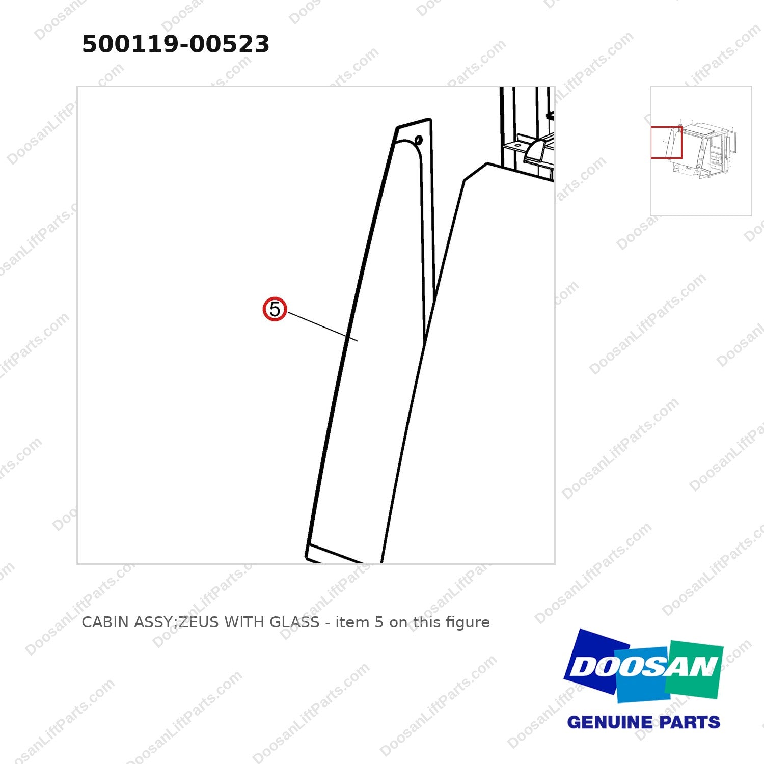 500119-00523 CABIN ASSY;ZEUS WITH GLASS - parts diagram, item 5 shown - genuine Doosan / Bobcat forklift part