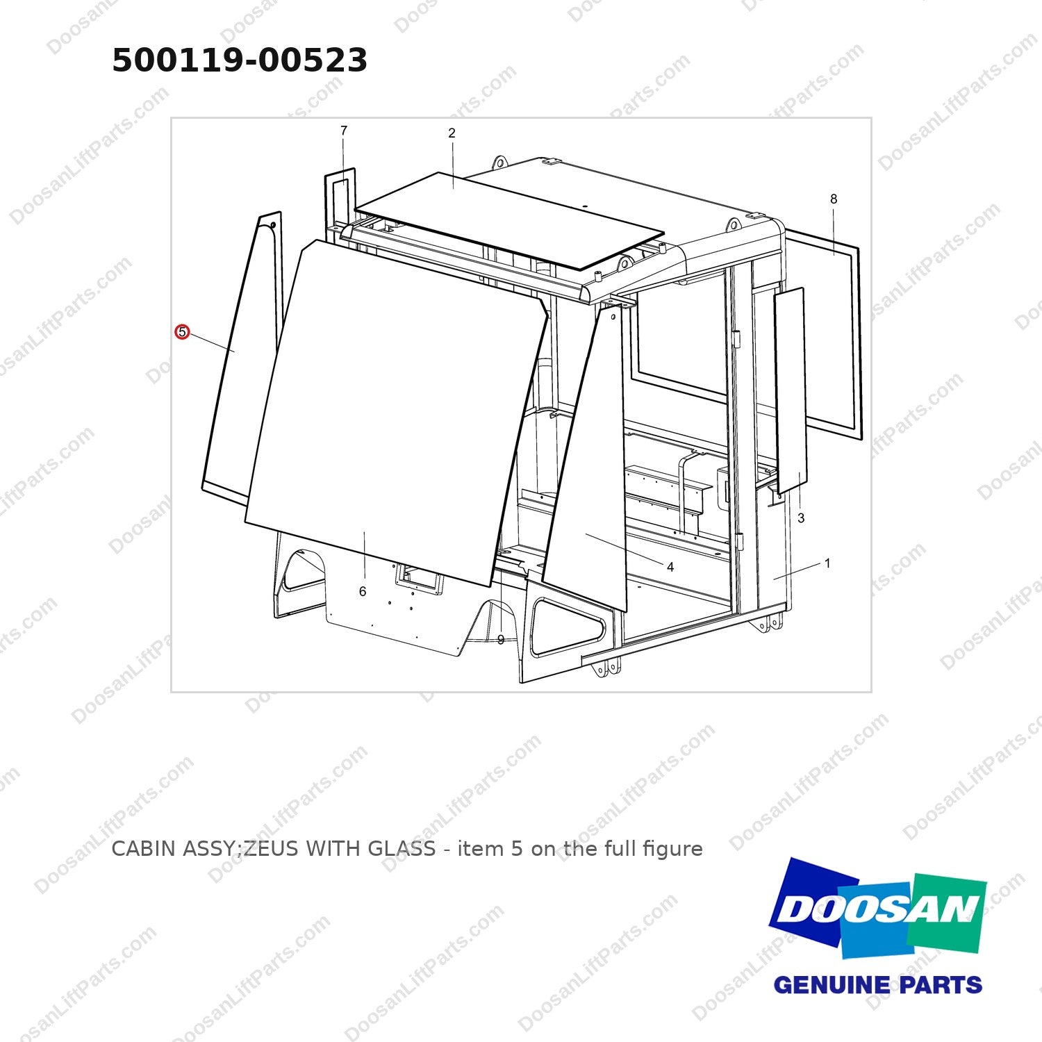 500119-00523 CABIN ASSY;ZEUS WITH GLASS - full parts diagram, item 5 marked - genuine Doosan / Bobcat forklift part