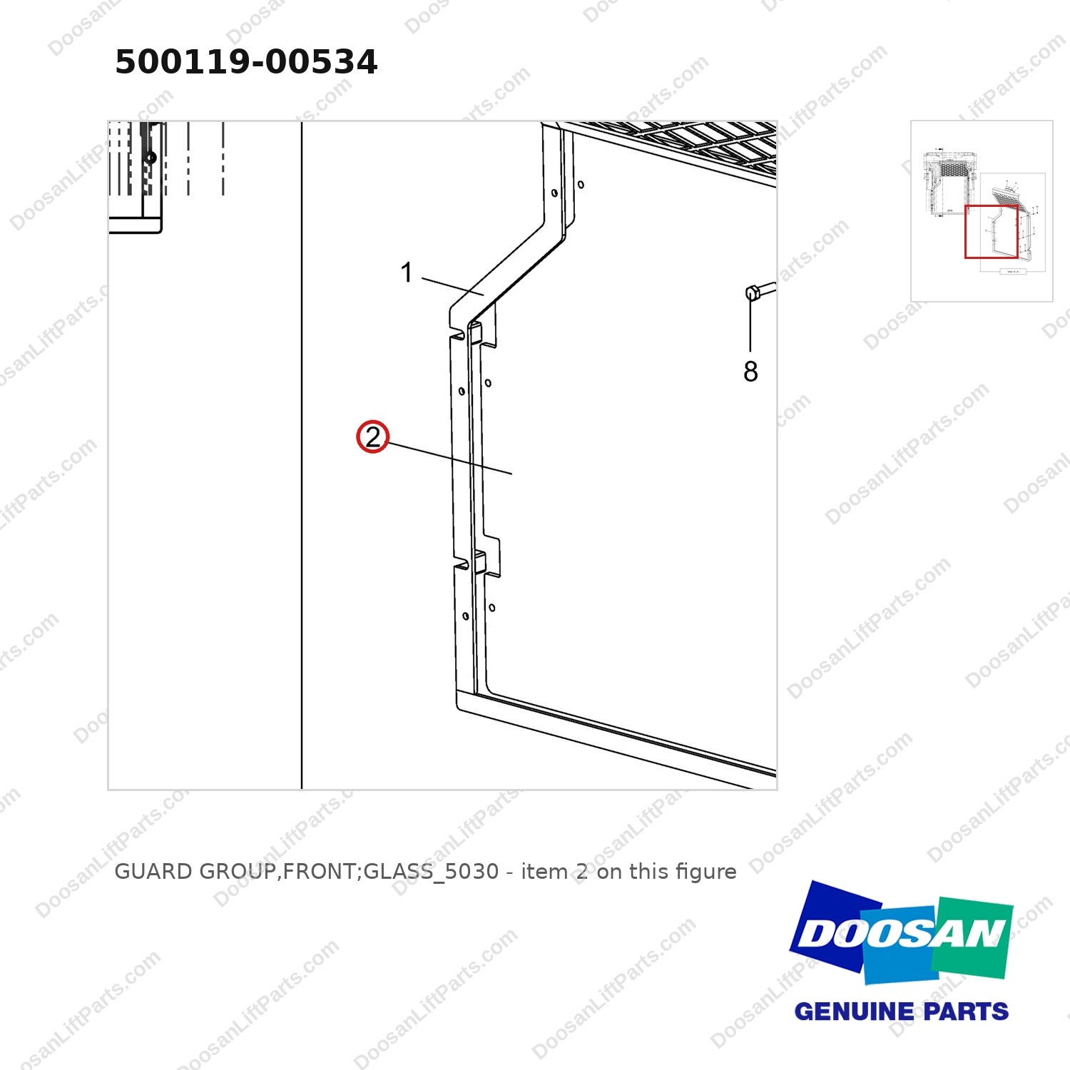 500119-00534 GUARD GROUP,FRONT;GLASS_5030 - parts diagram, item 2 shown - genuine Doosan / Bobcat forklift part
