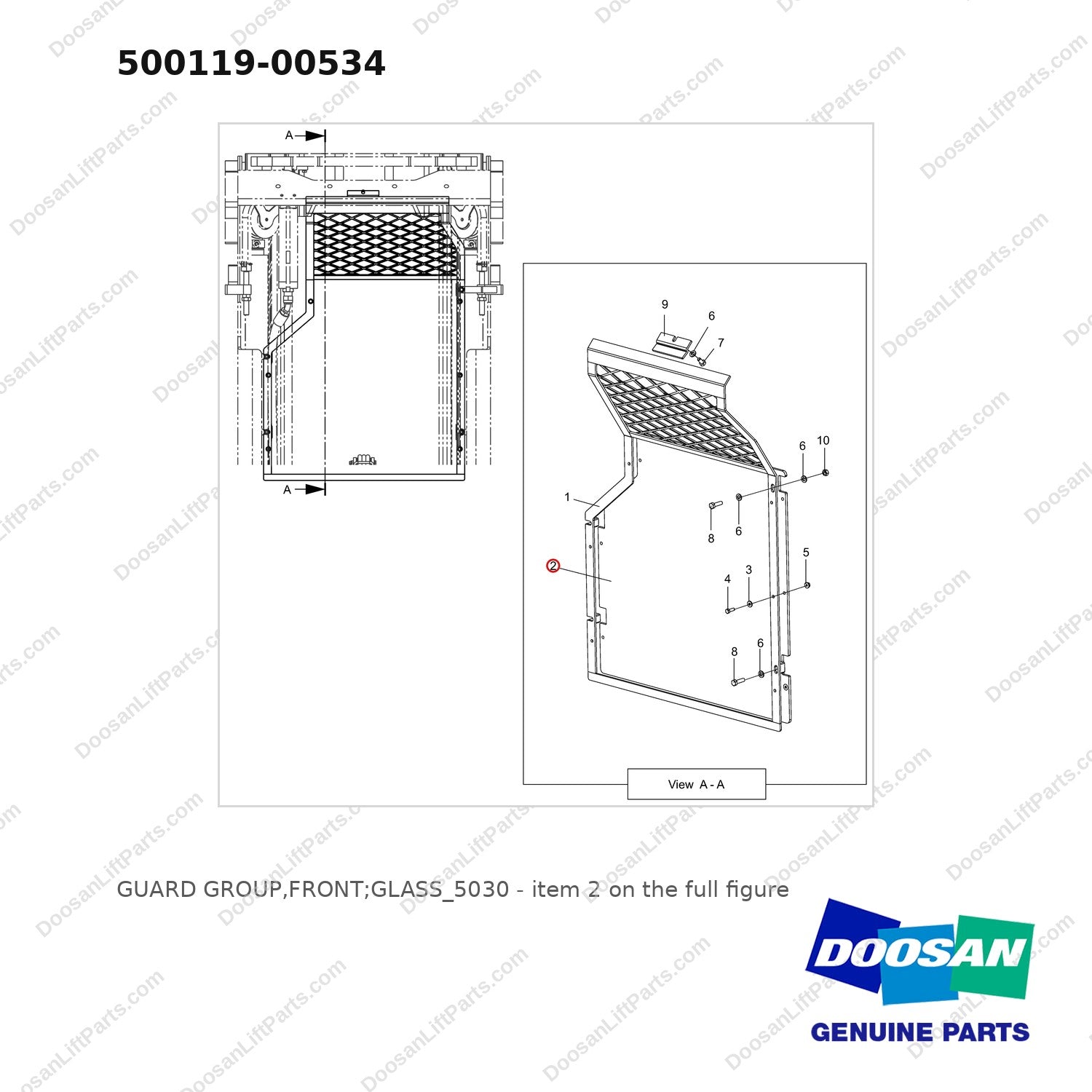 500119-00534 GUARD GROUP,FRONT;GLASS_5030 - full parts diagram, item 2 marked - genuine Doosan / Bobcat forklift part