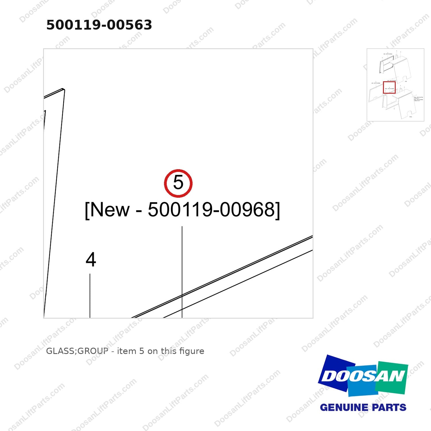 500119-00563 GLASS;GROUP - parts diagram, item 5 shown - genuine Doosan / Bobcat forklift part