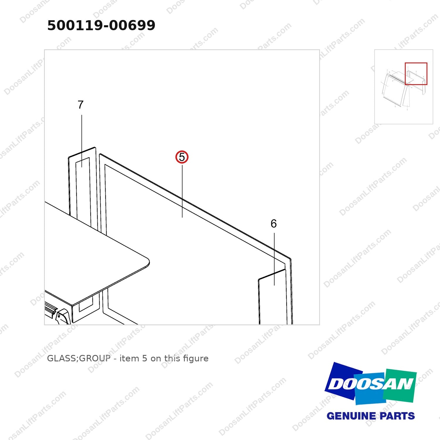 500119-00699 GLASS;GROUP - parts diagram, item 5 shown - genuine Doosan / Bobcat forklift part