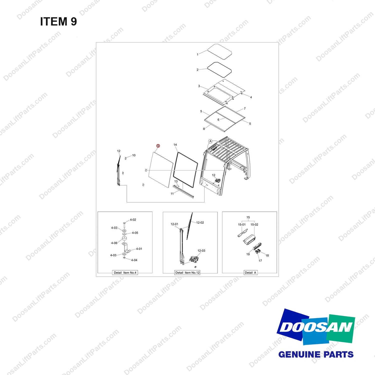500119-00892 MODULAR CABIN B TYPE - full parts diagram, item 9 marked - genuine Doosan / Bobcat forklift part