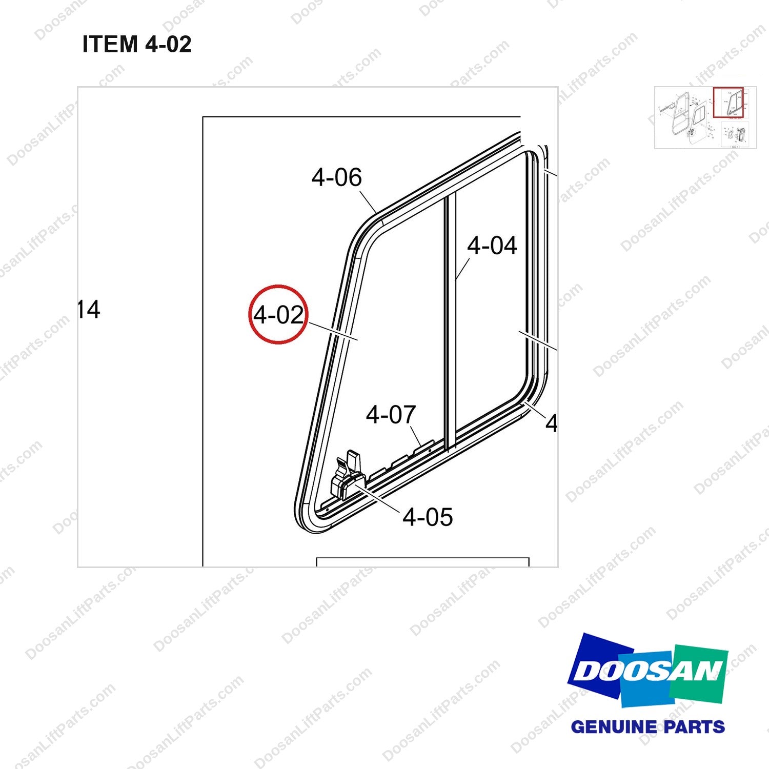 500119-01020 DOOR ASSY,SIDE;LH - parts diagram, item 4-02 shown - genuine Doosan / Bobcat forklift part