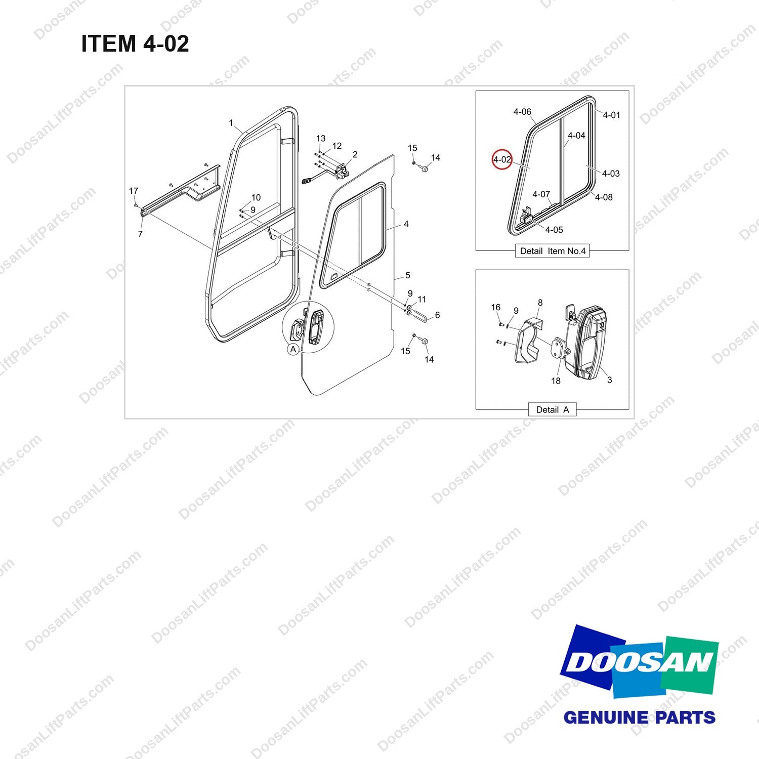 500119-01020 DOOR ASSY,SIDE;LH - full parts diagram, item 4-02 marked - genuine Doosan / Bobcat forklift part