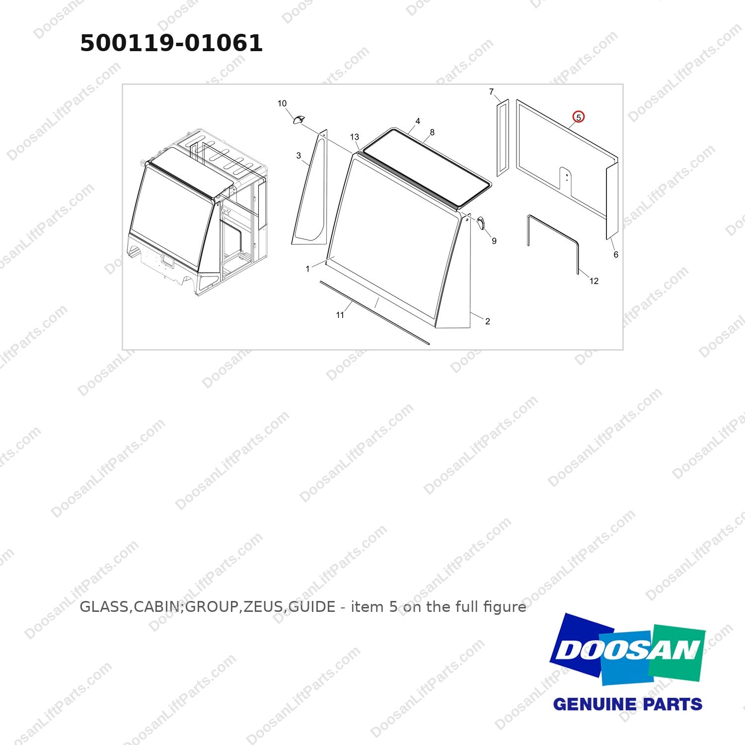 500119-01061 GLASS,CABIN;GROUP,ZEUS,GUIDE - full parts diagram, item 5 marked - genuine Doosan / Bobcat forklift part