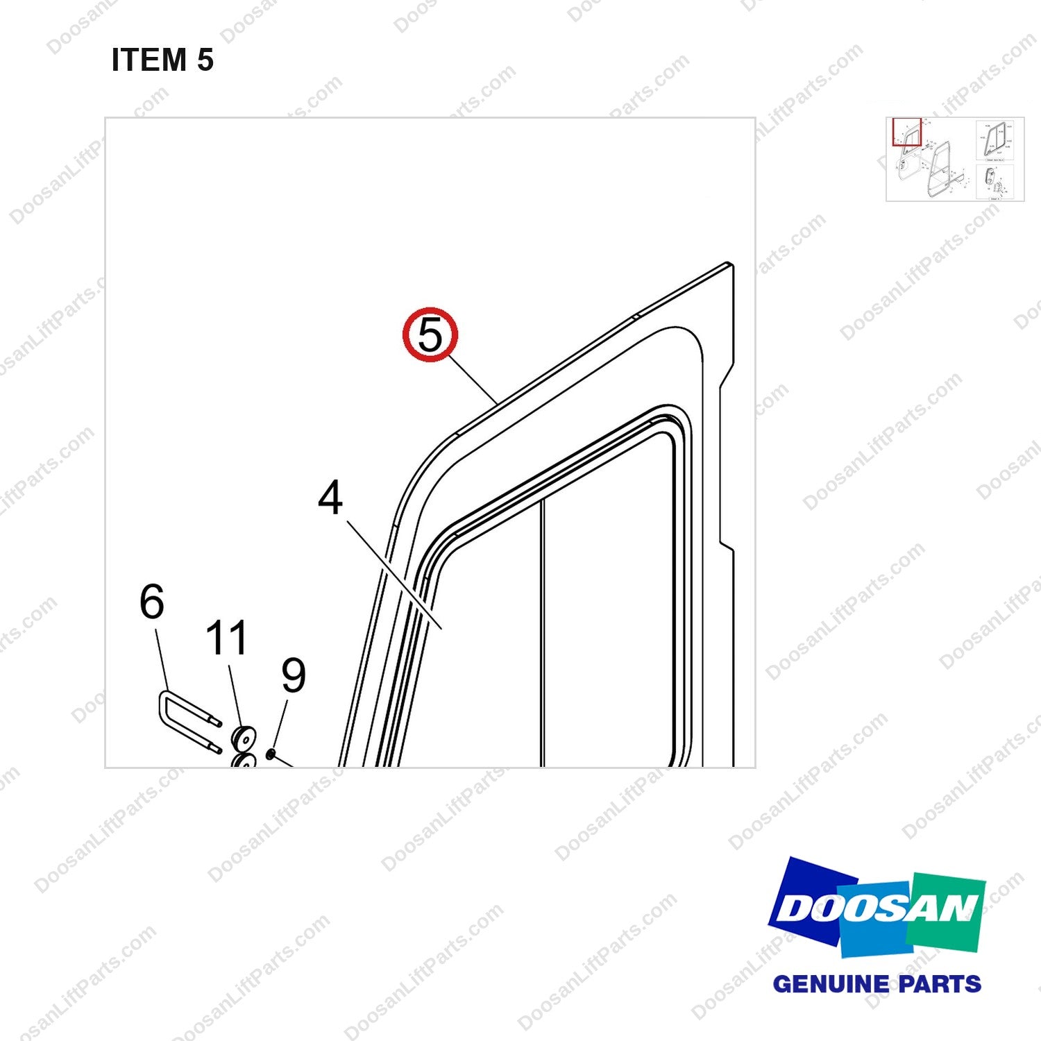 500119-01073 DOOR ASSY,SIDE;RH - parts diagram, item 5 shown - genuine Doosan / Bobcat forklift part