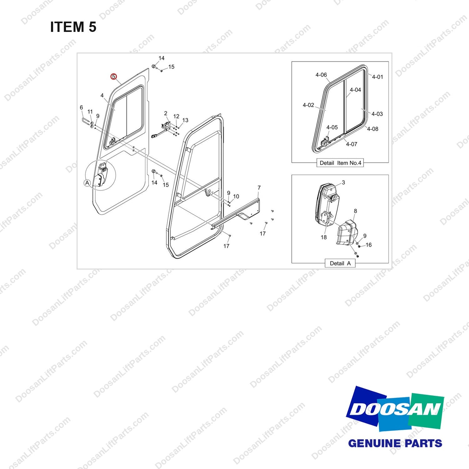 500119-01073 DOOR ASSY,SIDE;RH - full parts diagram, item 5 marked - genuine Doosan / Bobcat forklift part