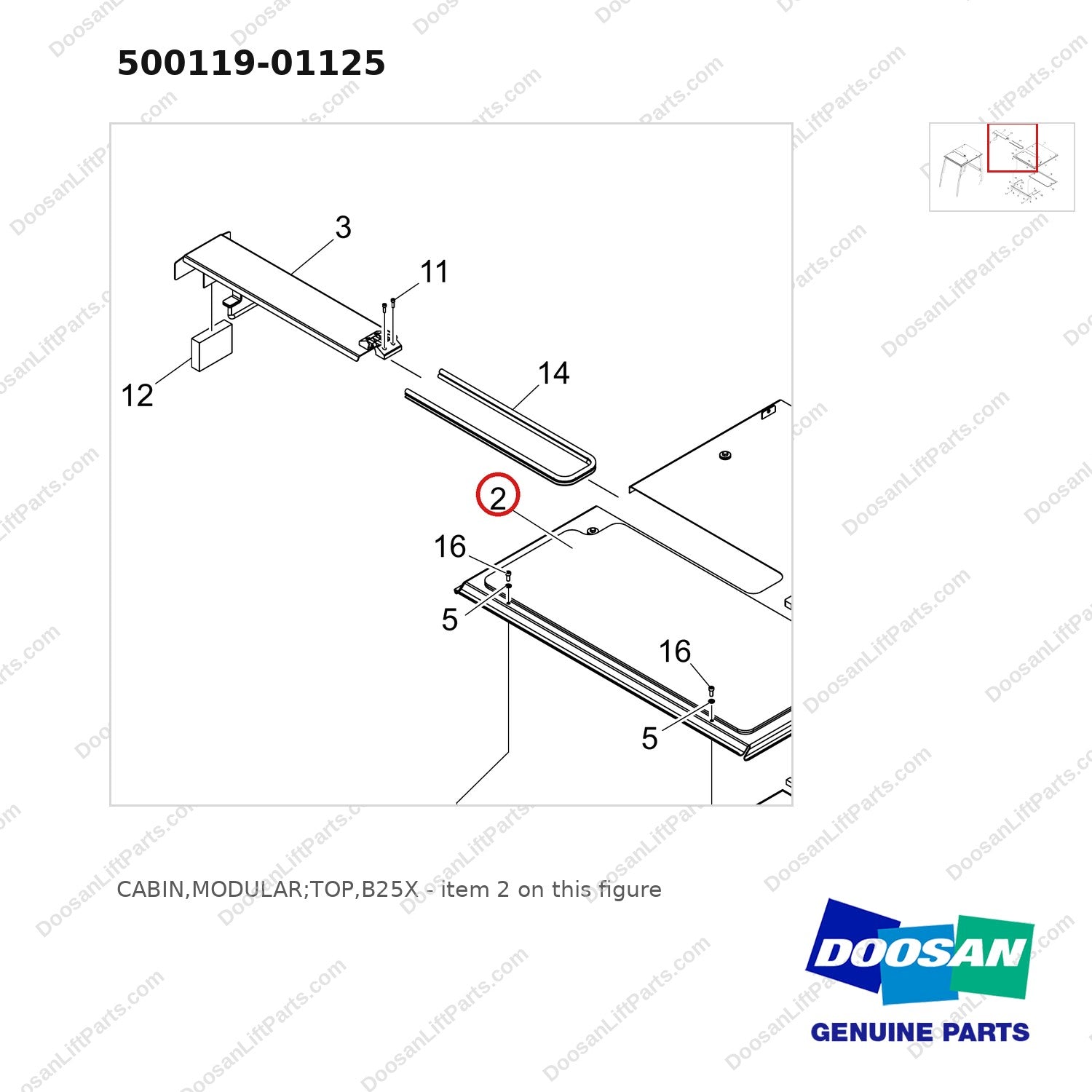 500119-01125 CABIN,MODULAR;TOP,B25X - parts diagram, item 2 shown - genuine Doosan / Bobcat forklift part