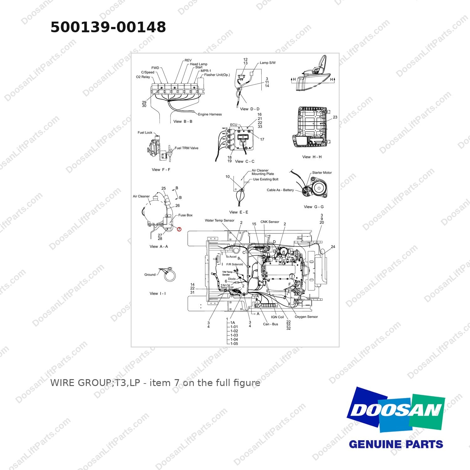 500139-00148 WIRE GROUP;T3,LP - full parts diagram, item 7 marked - genuine Doosan / Bobcat forklift part