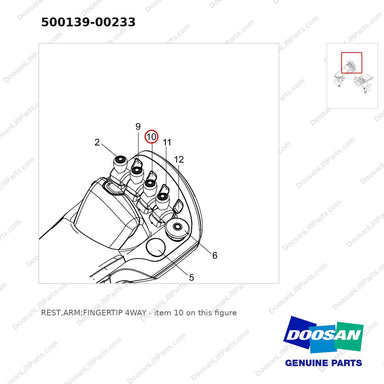 500139-00233 REST,ARM;FINGERTIP 4WAY - parts diagram, item 10 shown - genuine Doosan / Bobcat forklift part
