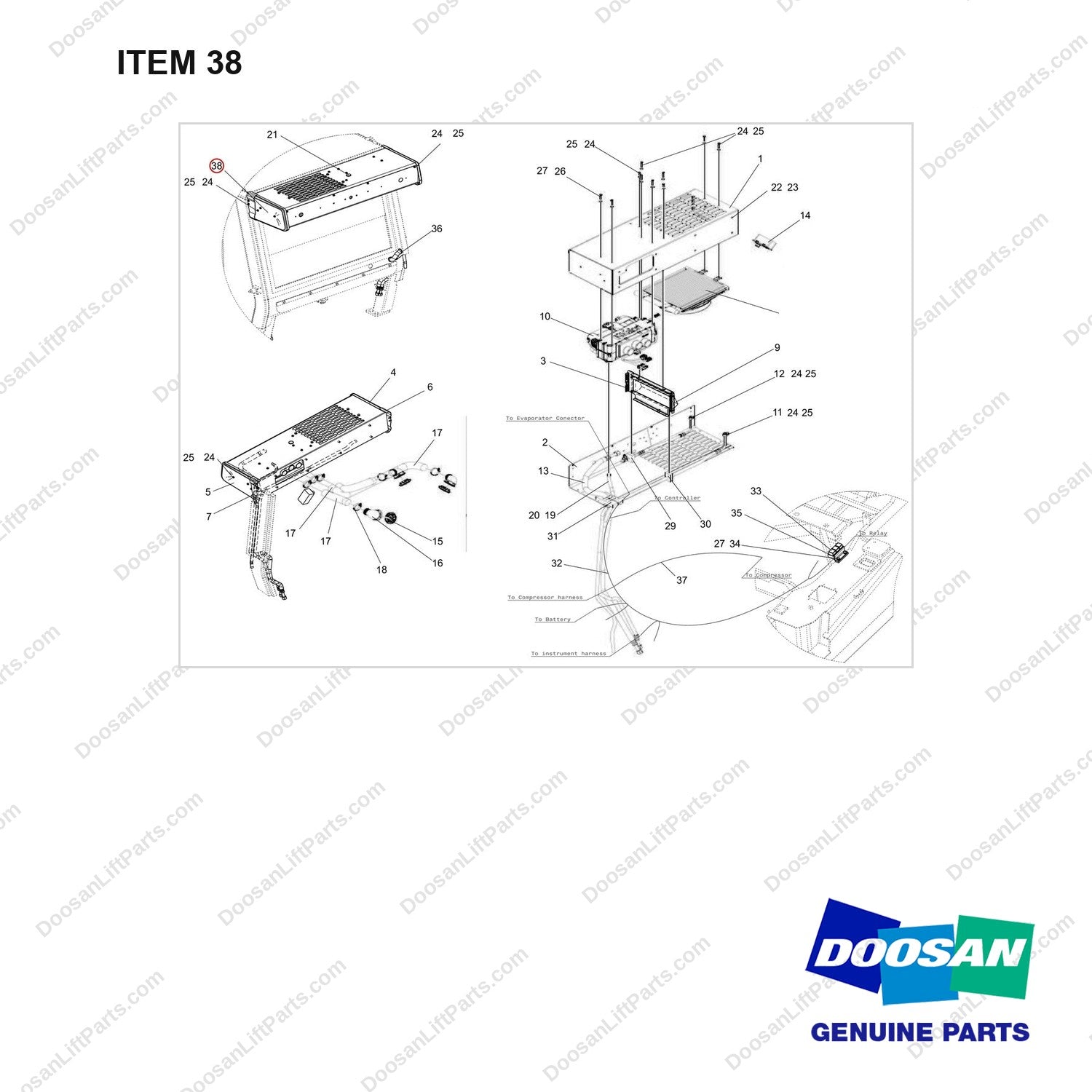 500139-00283 CONDITIONER,AIR - full parts diagram, item 38 marked - genuine Doosan / Bobcat forklift part